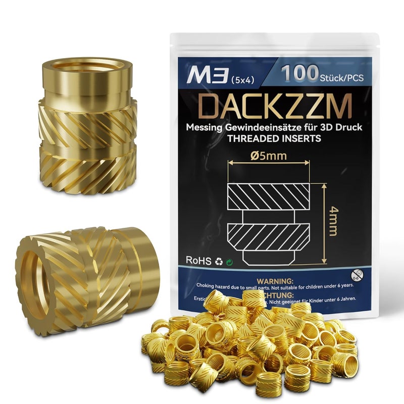DACKZZM M3 Heat Set Insert, Threaded Inserts for Plastic and 3D Printing (100 Pieces), Brass Metric Knurled Nuts - Insert by Heat into Plastic Parts - Image 1